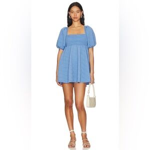 NWT Free People Dee Sky Mini Dress Size Small Bohemian Casual Puff Sleeve Blue